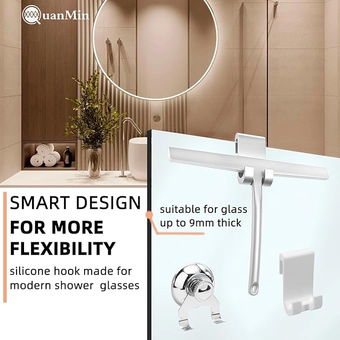Upgraded 9 Inch Shower Squeegee with Hook - Stainless Steel Core & Silicone Blade | Multi-Purpose Glass Wiper for Shower Doors, Windows, Ceramics - Rounded White