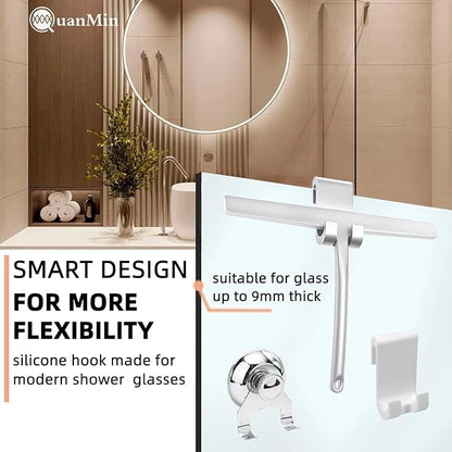 Upgraded 9 Inch Shower Squeegee with Hook - Stainless Steel Core & Silicone Blade | Multi-Purpose Glass Wiper for Shower Doors, Windows, Ceramics - Rounded White