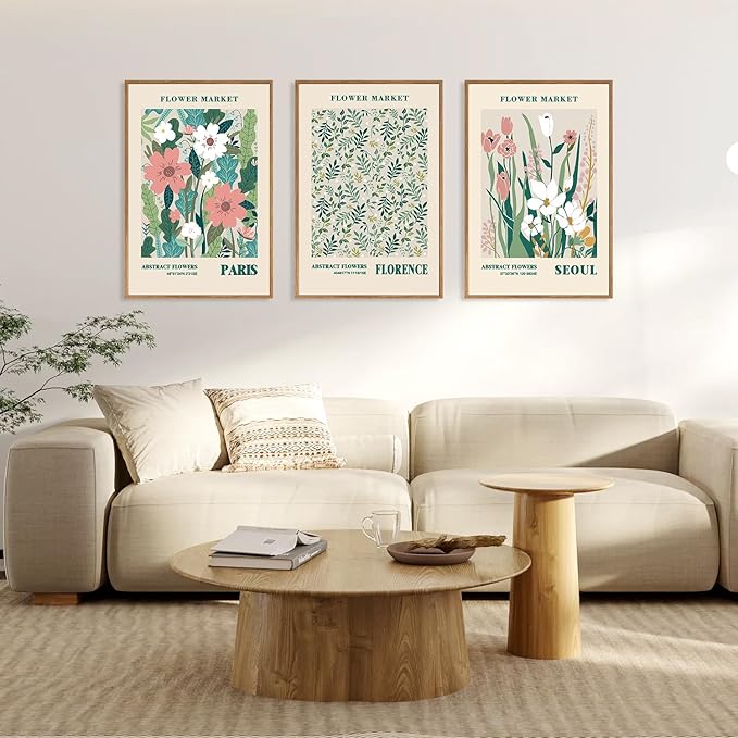 HLNIUC Flower Market Wall Art Prints, Boho Floral Wall Decor, Large Matisse Sage Green 16"x24" Framed Art Set of 3, Abstract Colorful Botanical Painting for Living Room, Bedroom, Office