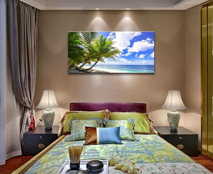 weiyiart Large Canvas Wall Art Blue Ocean Canvas Wall Art Summer Ocean Waves Coconut Trees on Sands Beach Seascape Painting Sea Nature Pictures for Living Room Home Office Wall Decor