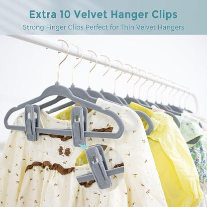Kids Velvet Hangers 30 Pack - 14 Inch Premium Non Slip Kids Felt Hanger for Clothes - Ultra Thin Baby Felt Hangers for Youth Childrens' Closet with 10 Hanger Clips - Gray