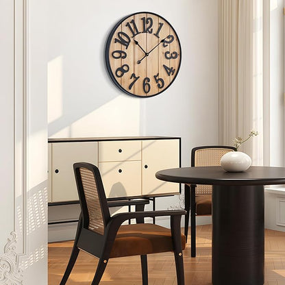 Large Wall Clock 20IN, Silent Metal Wood Style Wall Clocks Battery Operated for Living Room Decor, Farmhouse Big Wall Clock, Outdoor