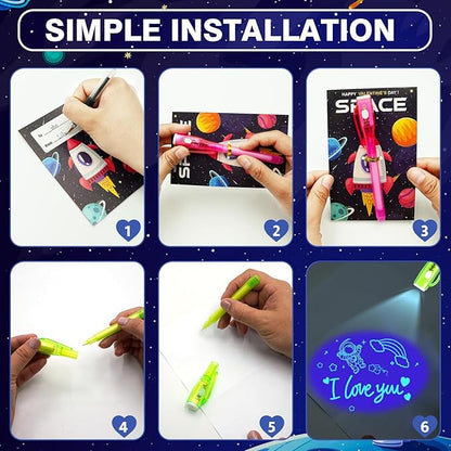 24 Pcs SInvisible Ink Pens with UV Light, Astronaut themed gift card & Goodie Bags,Valentine's Day Gifts, Detective Party Favors, Classroom Prizes, Escape Room Activities.