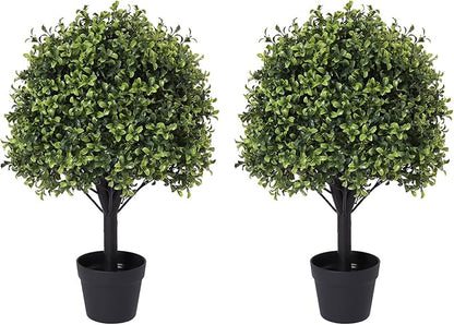 27“ Realistic Artificial Boxwood Topiary Trees Set of 2, Faux Plants Outdoor UV-Resistant, Fake Evergreen Bushes & Shrubs for Front Porch Outside Planter Decor