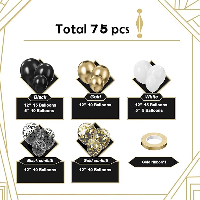 Black White and Gold Balloons,75Pcs Black and Gold Party Balloons,12in and 5in Black White Gold Confetti Party Balloons for Birthday,New Year,Wedding Decorations