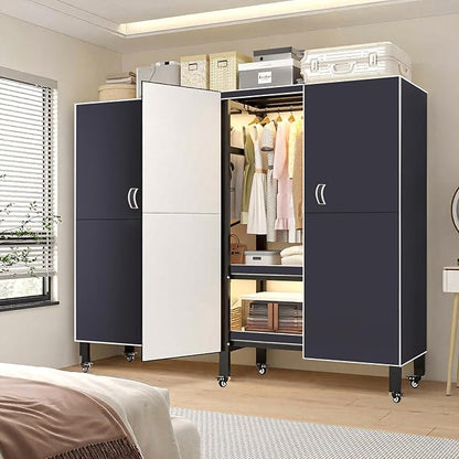 Heavy Duty Clothes Rack with Magnetic Door, Metal Foldable Covered Clothes Rack, Portable Wardrobe Closet System for Hanging Clothes, Rolling Garment Racks for Bedroom (Navy Blue Doors, 59in)