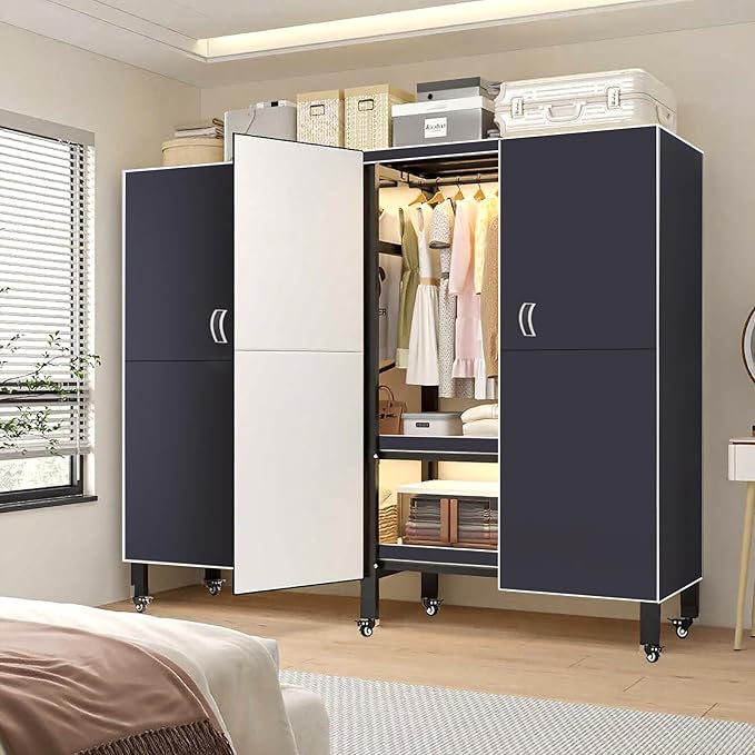 Heavy Duty Clothes Rack with Magnetic Door, Metal Foldable Covered Clothes Rack, Portable Wardrobe Closet System for Hanging Clothes, Rolling Garment Racks for Bedroom (Navy Blue Doors, 66in)
