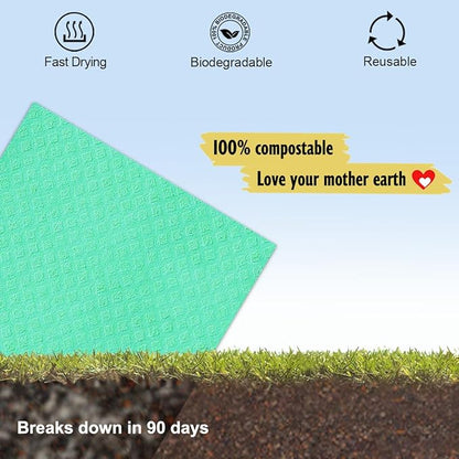 Swedish Dishcloths - 10 Pack Reusable Kitchen Dishcloths - Ultra Absorbent Dish Towels for Washing Dishes - Cellulose Sponge Cloth Cleaning Cloths - Green