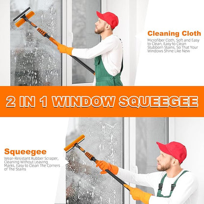 30FT Reach Window Squeegee with Extension Pole, 2-in-1 Professional Window Washing Kit for Home, Indoor Outdoor Squeegee with Rotatable Head for High Windows