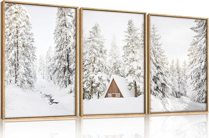 HLNIUC Christmas Snow Forest Framed Wall Art Set of 3, Large Winter Mountain Pine Tree Decor, Vintage White Cabin Landscape Canvas Art(24x36), Farmhouse Rustic Prints for Living Room, Bedroom, Office