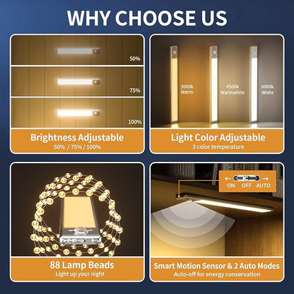 Under Cabinet Lights,88 LED Operated Motion Sensor Light Indoor,2200mAh USB Rechargeable Closet Lights, 4 Pack Magnetic Dimmable Closet Lights，Wireless Under Counter Lights for Kitchen, Stairs