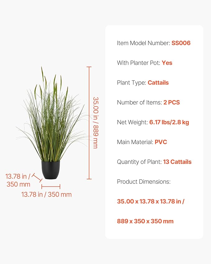 VEVOR Artificial Grass Plant, 2 Pack 35 inch Cattail Grass in Pot, Premium PVC Faux Fake Greenery Shrubs Plant for Indoor Outdoor House Home Garden Office Room Décor, Housewarming, Green