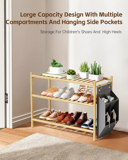 Bamboo Shoe Rack for Closet Small Wooden Shoe Organizer with Pouch, Sturdy Wood Shoe Shelf for Front Door Entrance Entryway and Outdoor, 26 inch Wide (Natural, 3-Tier)