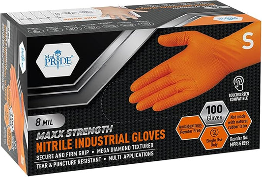 MED PRIDE Maxx Strength Nitrile Industrial Orange Gloves, 8 Mil Thick - Diamond Texture Disposable Heavy-Duty, Tear-Resistant