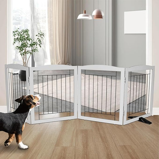 ZJSF Freestanding Dog Fence Indoor, Foldable Dog Gate for Doorways, Stairs or Hallways, Sturdy Wood Extra Wide Pet Gate with Support Feet for The House, Grey, 24 "Height-4 Panels