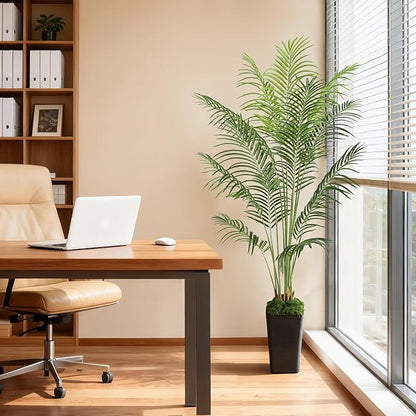 6FT Artificial Palm Tree, Tall Fake Tropical Areca Plant with Black Square Planter for Indoor Outdoor Home Decor, Realistic Faux Palm Tree for Living Room, Office, Porch, Garden
