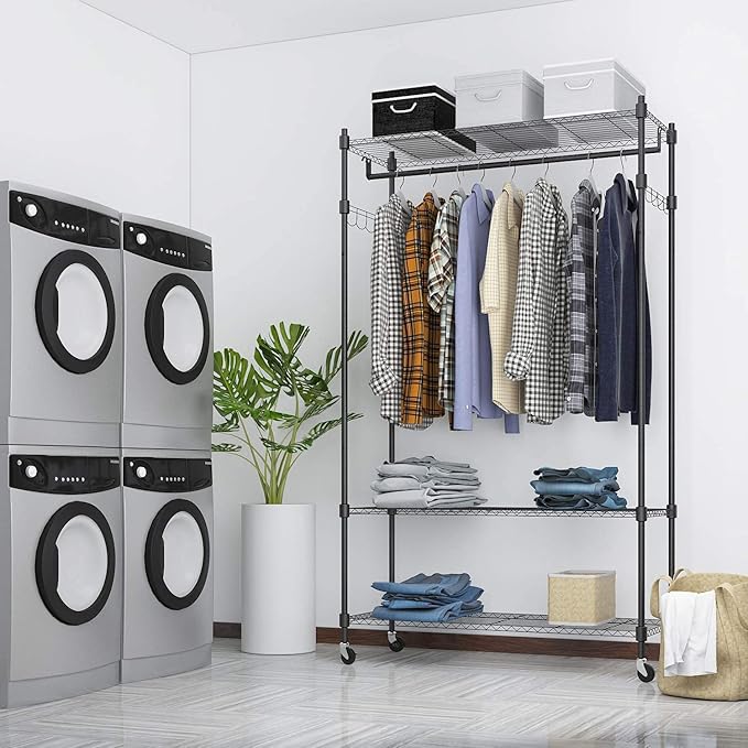 Rolling Garment Rack with Adjustable Wire Shelf, 3 Tired Clothes Rack including 1 Clothes Hanging Bar, 1 Roating Hanger Hooks - Hold Up to 400Lbs (Black, 1Rod 1Hook)