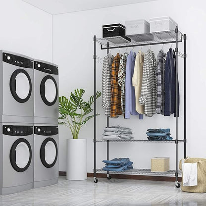 Rolling Garment Rack with Adjustable Wire Shelf, 3 Tired Clothes Rack including 1 Clothes Hanging Bar, 1 Roating Hanger Hooks - Hold Up to 400Lbs (Black, 1Rod 1Hook)