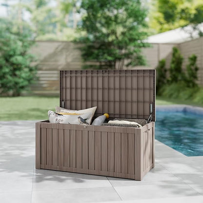 150 Gallon Outdoor Storage Box Waterproof, Resin Deck Boxes with Lockable Lid & UV-Resistant for Patio, Pool, Garden Furniture Cushions & Accessories, Coffee