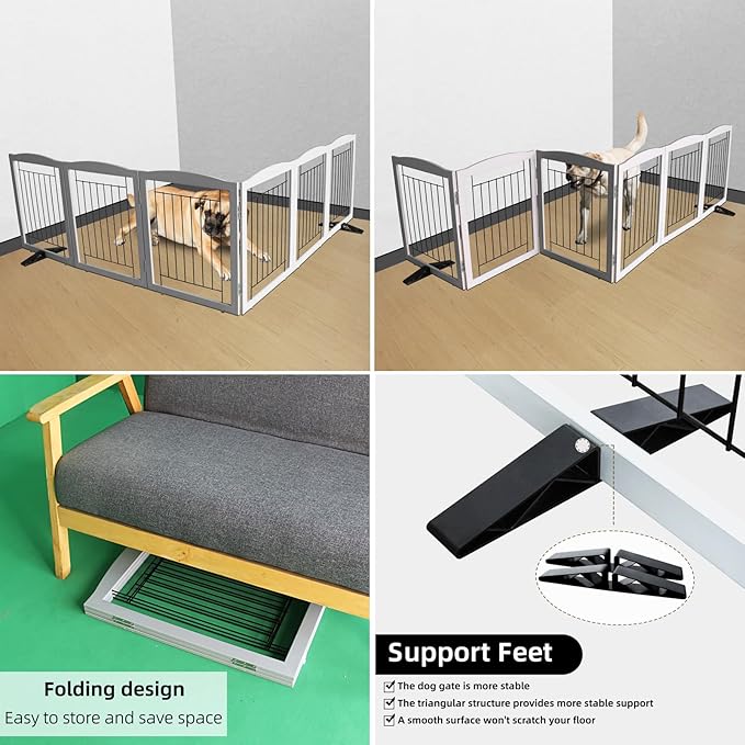 ZJSF Freestanding Dog Fence Indoor, Foldable Dog Gate for Doorways, Stairs or Hallways, Sturdy Wood Extra Wide Pet Gate with Support Feet for The House, Grey, 24 "Height-6 Panels