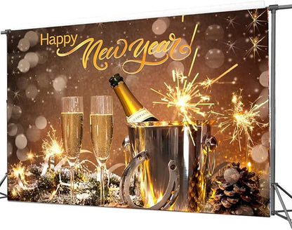 CYLYH 7x5ft Happy New Year Backdrop 2026 New Years Eve Backdrops New Year Party Banner Lucky Horseshoe Champagne Fireworks Christmas New Year Background