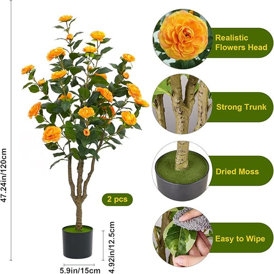 4Ft Artificial Camellia Tree 2pack, Orange Silk Flowers Faux Plant for Indoor Outdoor Home Decor, Realistic Potted Greenery for Office Porch Living Room