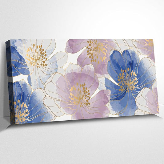 CanvasGarden Floral Canvas Wall Art, Blue and Purple Floral with Gold Lines Watercolor Poster Glam Botanical Soft Flower Home Decor, Framed Prints for Living Room Bedroom Office Decor, 32x16Inch
