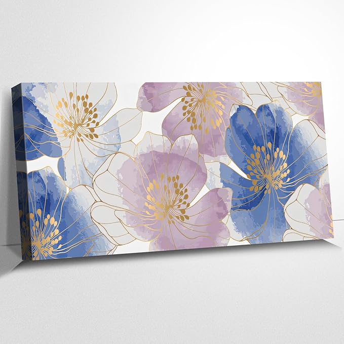 CanvasGarden Floral Canvas Wall Art, Blue and Purple Floral with Gold Lines Watercolor Poster Glam Botanical Soft Flower Home Decor, Framed Prints for Living Room Bedroom Office Decor, 40x20Inch