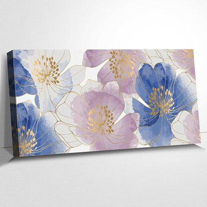 CanvasGarden Floral Canvas Wall Art, Blue and Purple Floral with Gold Lines Watercolor Poster Glam Botanical Soft Flower Home Decor, Framed Prints for Living Room Bedroom Office Decor, 48x24Inch