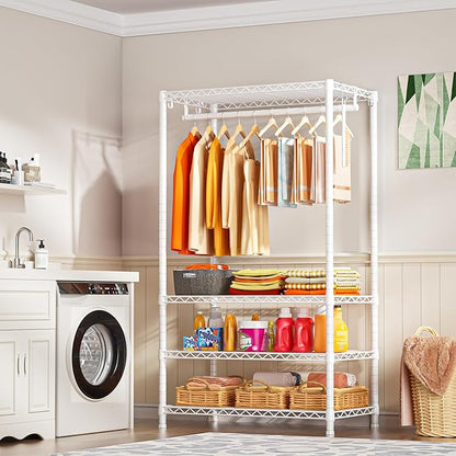 Ulif H4 Portable Closets, 4-Tier Metal Clothes Garment Rack for Bedroom and Cloakroom, Clothing Closet Storage and Organizer Wardrobe, 35.4" W x 14" D x 76.4" H, White