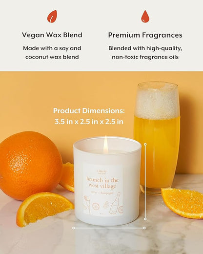 Literie NYC Inspired Scented Candle: Brunch in The West Village - Citrus & Champagne, 9oz, 50 Hour Burn, Vegan Soy & Coconut Blend Candle for Home Decor, Gift for Women & Men