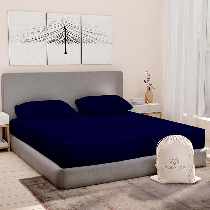 Good Sleep Bedding Split King Cotton Sheets Set for Adjustable Bed - Luxury 1000 TC Egyptian Cotton, 5 Piece, Sateen, 2 Fitted with 16" Deep Pocket, Navy Blue