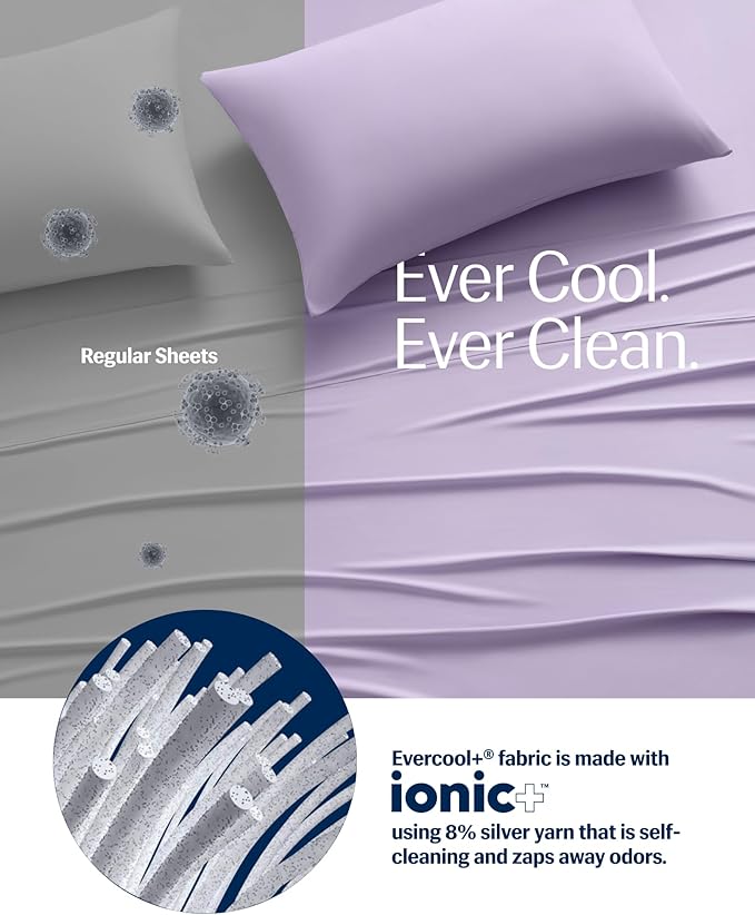 REST® Evercool®+ Starter Sheet Set, CaliKing, Lavender, Breathable Bed Sheet for Hot Sleeper and Night Sweats, with Pillowcases, Ionic+ Self-Cleaning Silver Yarn for Sensitive Skin, 3PCS No Flat Sheet