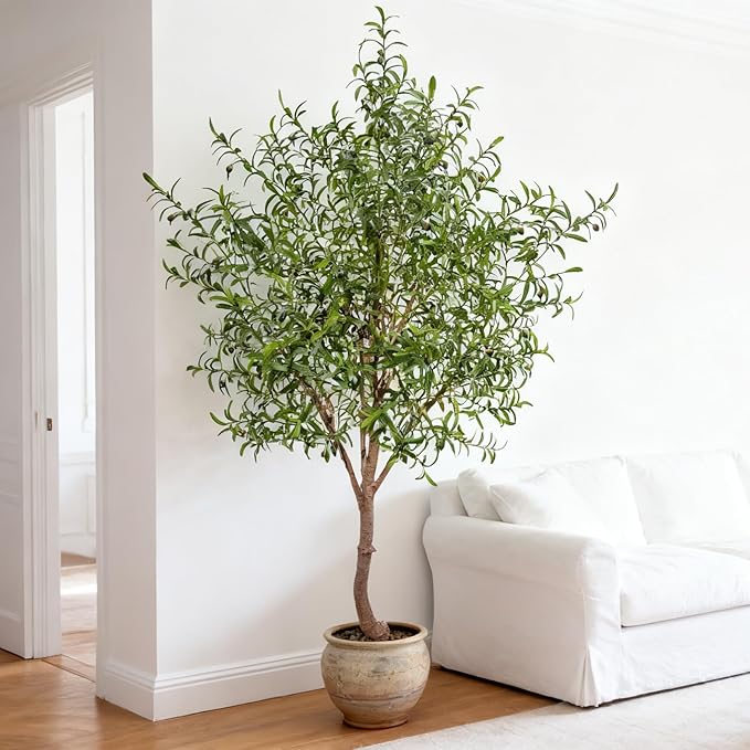 Fake Tree Faux Olive Tree Artificial Olive Trees Artificial Indoor Realistic Potted Silk Indoor Large Fruit for Home Offices, Living Rooms, Bedrooms, Stairs and Foyer Decor (8 Ft Leaf Type)