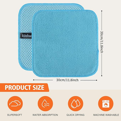 KinHwa Kitchen Washcloths for Dishes Absorbent Microfiber Dish Cloths Quick Dry Dish Rags with Poly Scour Scrub Side Ideal for Kitchen Cleaning (Blue, 12inchx12inch 9 Pack)