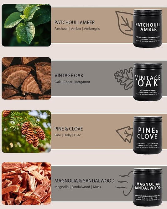 Candles for Men, 4 Pack Scented Candles, Gifts for Father Dad Day, 50 Hours Long Burning Soy Candles for Home Scented (Pine/Sandalwood/Patchouli/Oak)