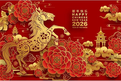 YongFoto 2026 Happy Chinese New Year Backdrop 5x3ft 2026 Lunar Year of The Horse Lucky Cloud Pavilion Plum Bossom Background Chinese Traditional Spring Festival New Year's Eve Party Banner Decor