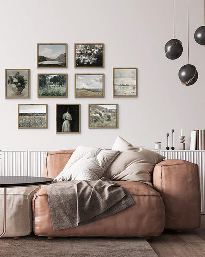 InSimSea Framed Canvas Wall Art Vintage Decor, White Clouds over Vast Grassland Classical Paintings Canvas Prints, Rustic Wall Decor for Bedroom Living Room Office, 8"x10"