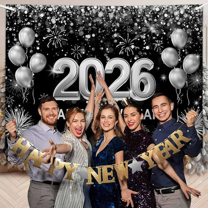 MEHOFOND 7x5ft Black and Silver 2026 Happy New Year Backdrop Hello 2026 New Year Eve Party Photography Background Balloon Fireworks Glitter Dots Cheers to 2026 Decor Banner Photo Booth Props