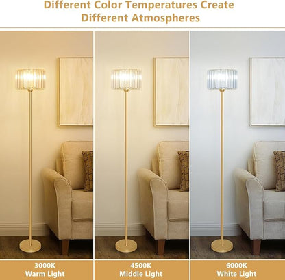 HMVPL Gold Floor Lamp for Living Room, Modern Floor Lamp with K9 Crystal Shade, Brass Standing Lamp with On/Off Switch,Mid Century Tall Lamp Crystal Pole Lamp for Bedroom Corner Office Nursery Reading
