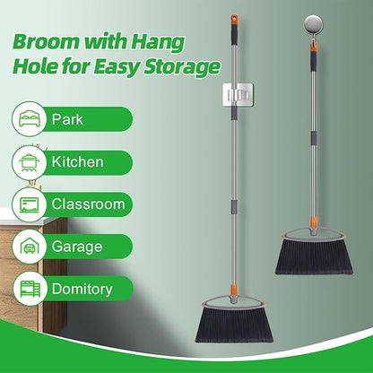 Soft Bristle Broom, Heavy Duty Broom with Collapsible Handle, Ideal for Indoor Outdoor Hardwood Floors Kitchen Salon Camping Cat Pets Hair Home Room Office, Sturdy and Durable, Gray