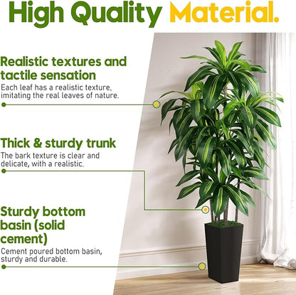 Artificial Dracaena Tree Indoor, 6FT Tall Fake Tree with Black Tall Planter, Artificial Trees Fake Yucca Potted Tree for Home Office Living Room Decor, Tall Artificial Plant for Housewarming