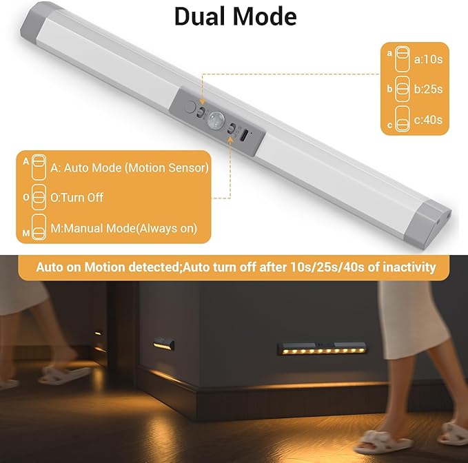 WOBANE Closet Lights Motion Sensored with Eye-Protection,Rechargeable LED Wardrobe Lighting with 3 Color,12 inch Dimmable Wireless Battery Operated Light Indoor for Stair,Pantry,Hallway,900mAh,2PCS