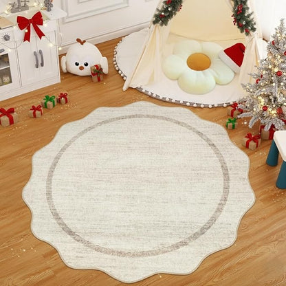 GarveeHome Scalloped Round Area Rugs, Washable Small Round Rug 3 ft Non-Slip Nursery Rug, Christmas Soft Solid Beige Circle Low Pile Stain Resistant Carpet for Bedroom Entryway Kitchen Bathroom