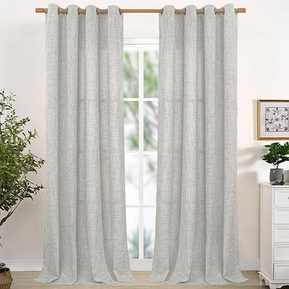 YoungsTex Extra Long Linen Curtains 102 Inch Length for Living Room, Light Grey Light Filtering Drapes with Bronze Grommet Privacy for Dining Bedroom, 52 x 102 Inch, 2 Panels