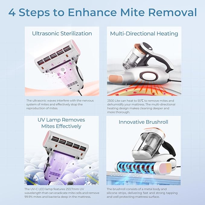 J300 Lite Mattress Vacuum Cleaner，Bed Vacuum Cleaner with Dust Sensor with 253.7nm UV-C Light，Ultrasonic and High Heating Multifunctional Handheld Vacuums for Bed, Sofa, Couch （Corded）