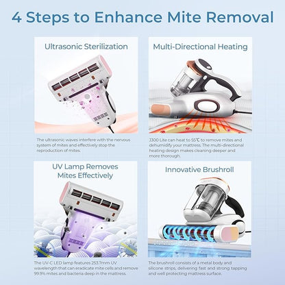 J300 Lite Mattress Vacuum Cleaner，Bed Vacuum Cleaner with Dust Sensor with 253.7nm UV-C Light，Ultrasonic and High Heating Multifunctional Handheld Vacuums for Bed, Sofa, Couch （Corded）