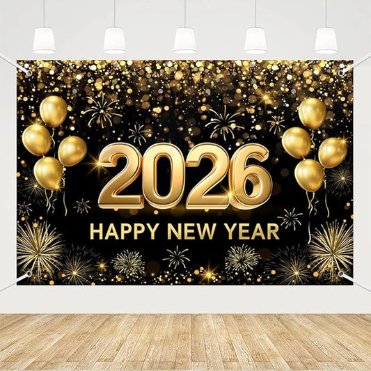 MEHOFOND 7x5 ft Black and Gold 2026 Happy New Year Backdrop Cheers to 2026 New Year Eve Glitter Photography Background Hello 2026 Party Balloon Fireworks Decor Banner Cake Smash Photo Props