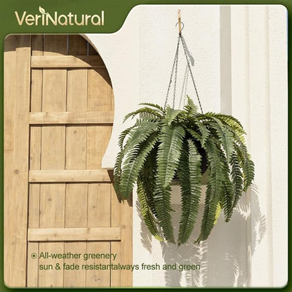 48" Artificial Boston Fern Hanging Plants with Basket - UV Resistant Fake Plant for Outdoor Indoor - Large Realistic Faux Greenery for Front Porch, Front Door, Patio Decor, Set of 2, VN142