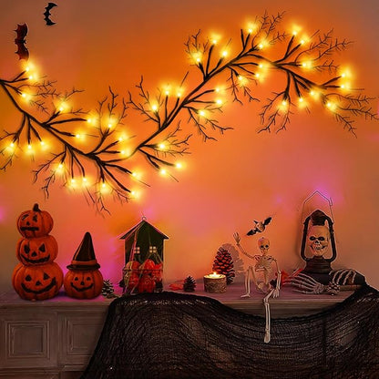 9 Ft 54 LED Halloween Willow Vine Twig Decor Garland with 8 Modes Timer Waterproof Battery Operated Scary Halloween Decorations for Home Wall Mantle Fireplace Decor